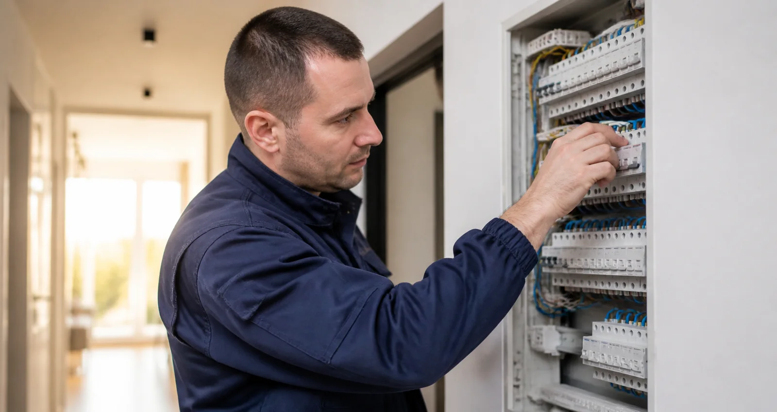 Elektrikár pracuje na otvorenom domovom rozvádzači s ističmi a farebnou kabelážou
