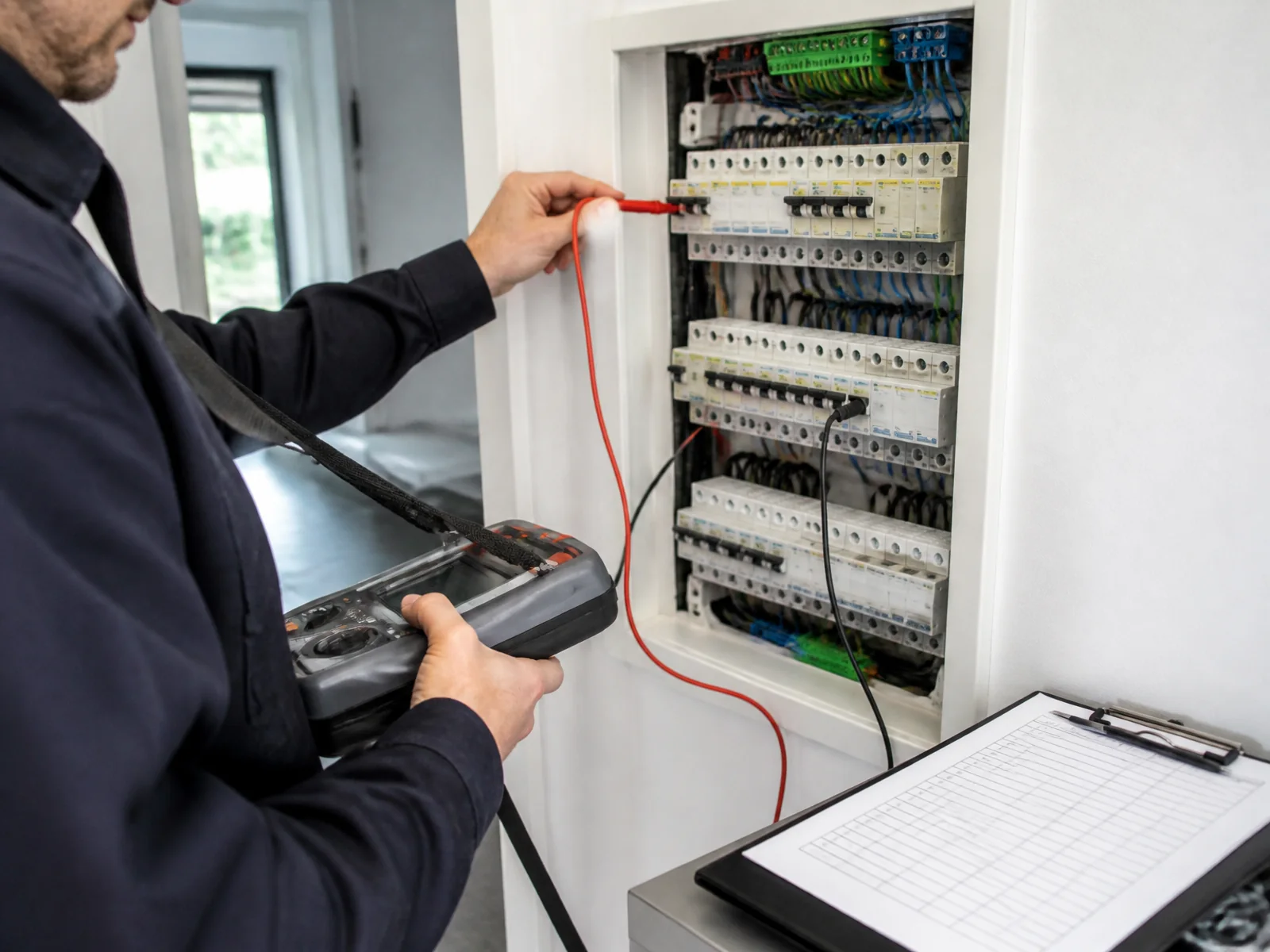 Technik meria elektroinštaláciu revíznym prístrojom